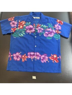 Shoreline Hawaii Blue Floral Hawaiian Shirt Size Large